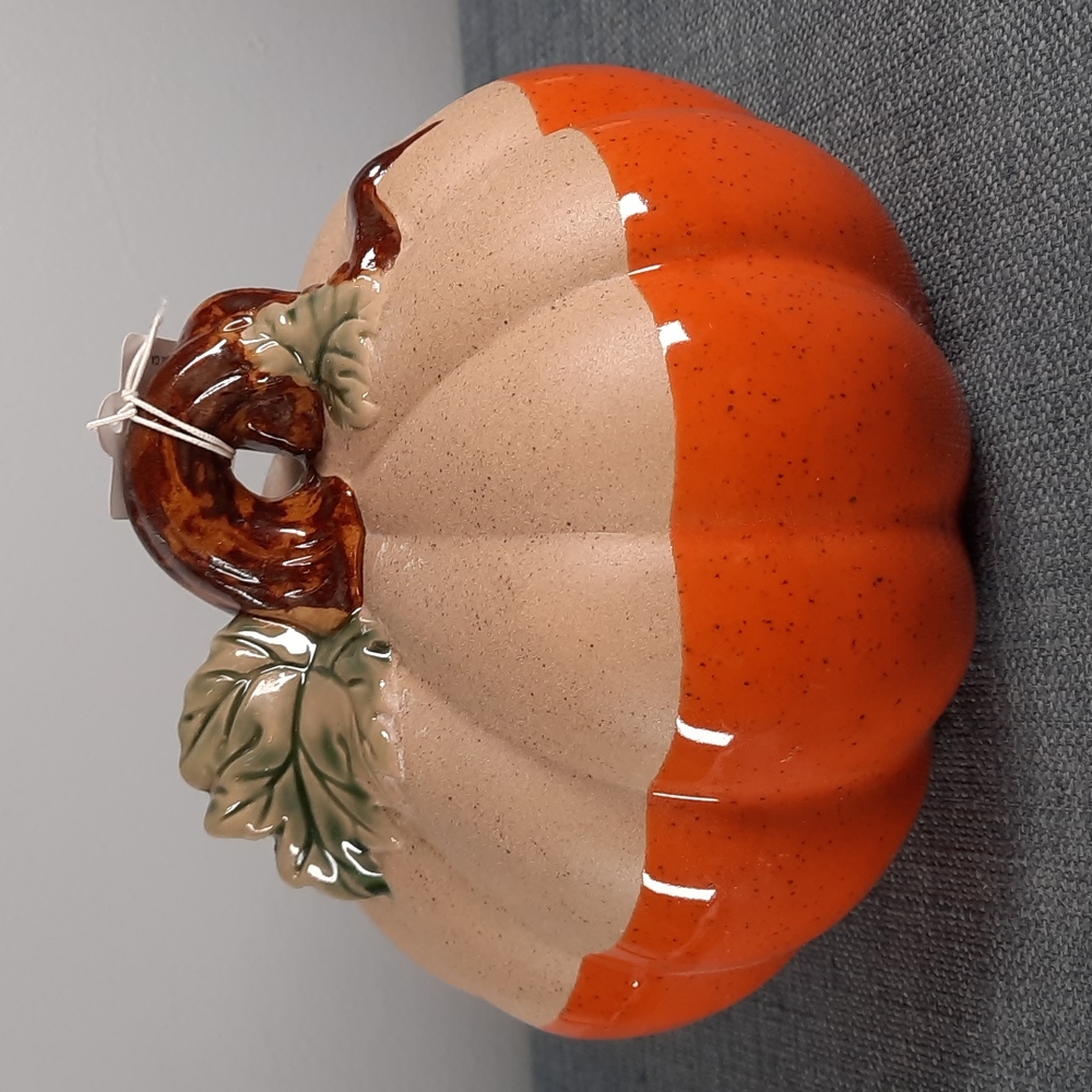 Ceramic Pumpkin Figure Tabletop Decor Fall Harvest Half Glazed Orange